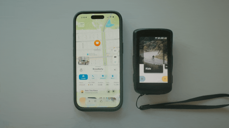 A place open in Apple Maps on a phone, next to a Karoo 2